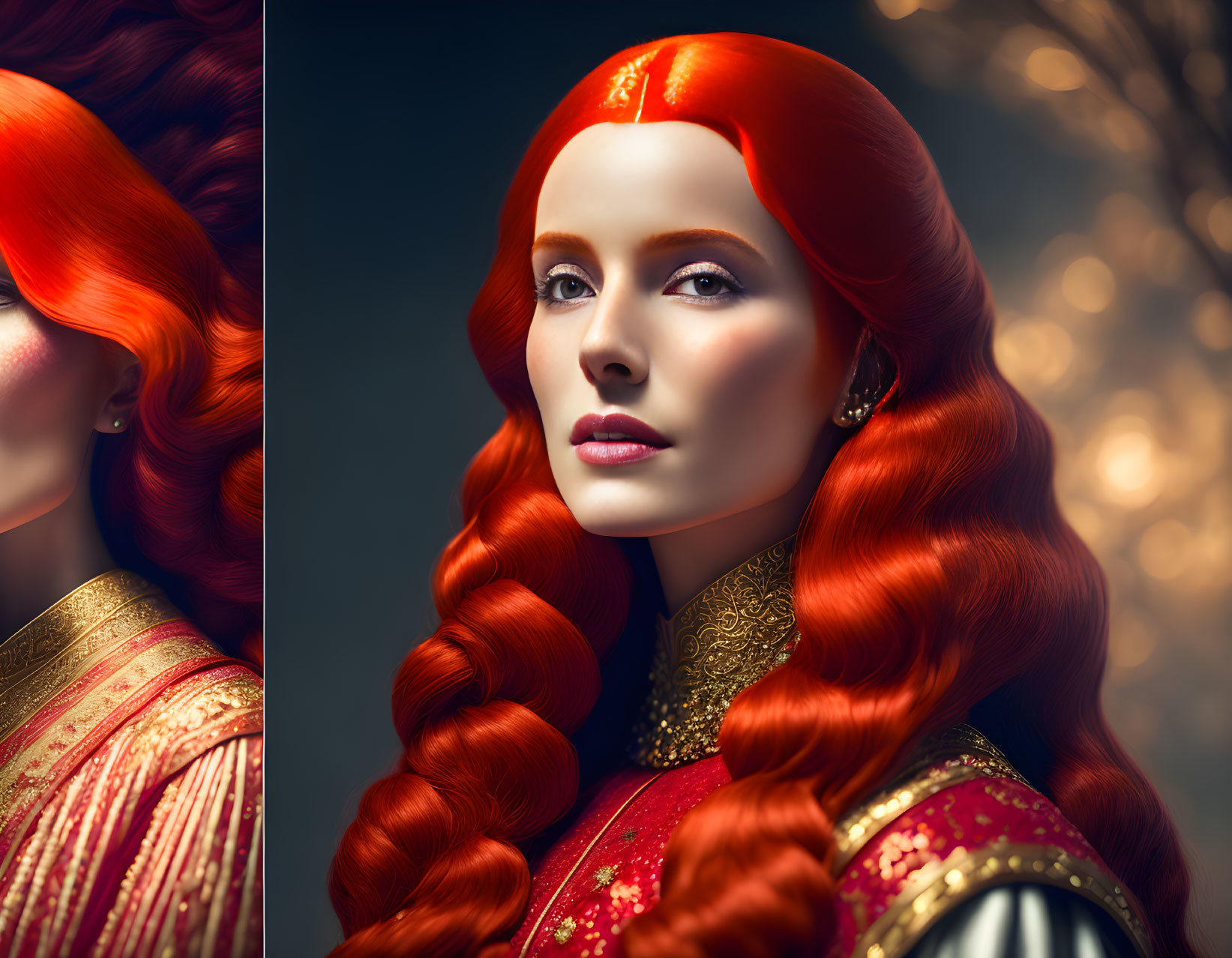 Vibrant red-haired woman in braids wearing gold-trimmed garment