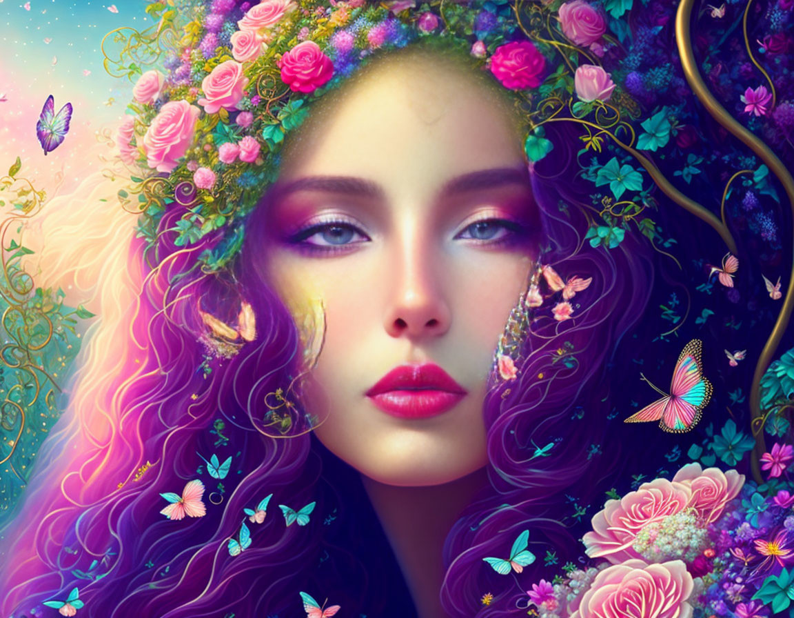 Fantasy-themed illustration: Woman with purple hair, floral crown, and butterflies