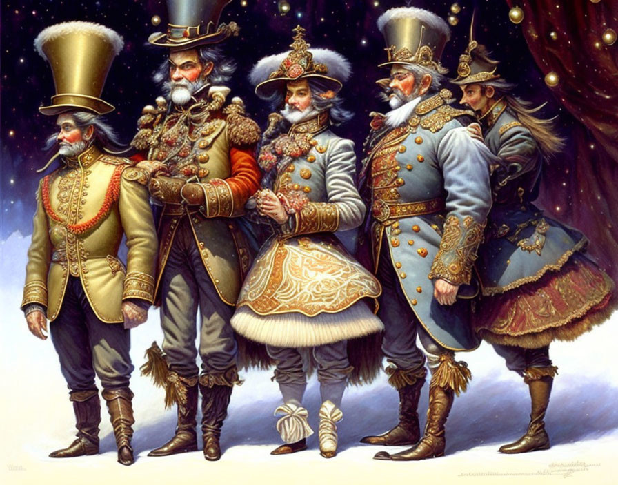 Historical military uniforms illustration with four men under starry sky