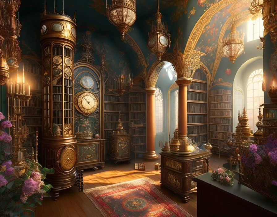 Ornate library with towering bookshelves, grand clock, lanterns, arched windows,