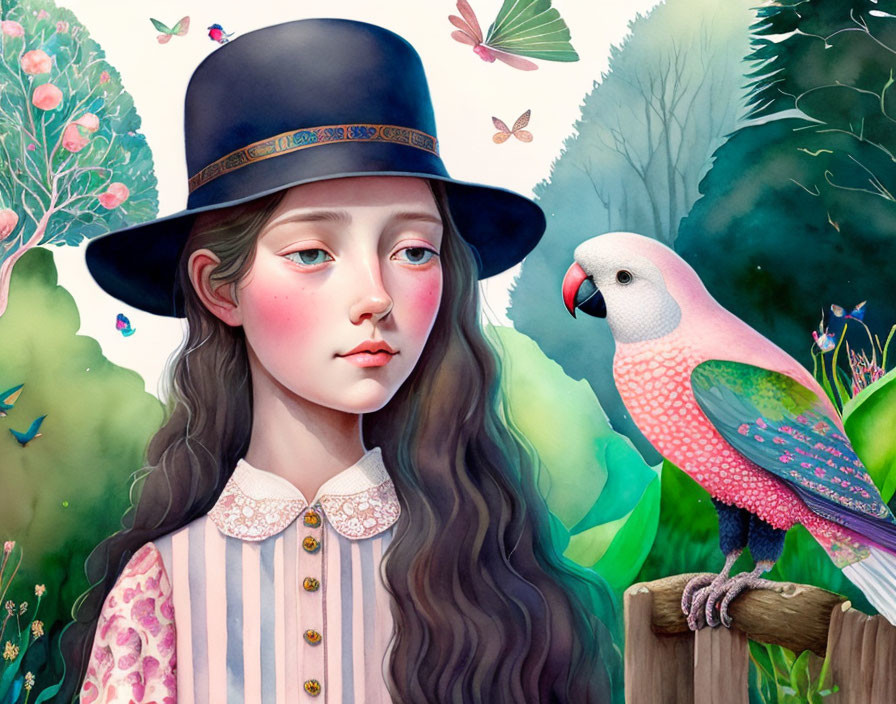 Digital illustration: Young girl with black hat, cockatoo on fencepost, butterflies, lush green