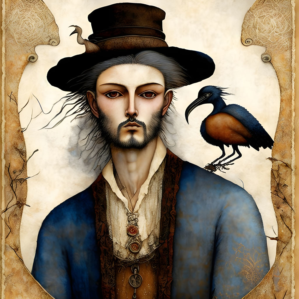 Man with Crow on Shoulder in Vintage Outfit & Top Hat