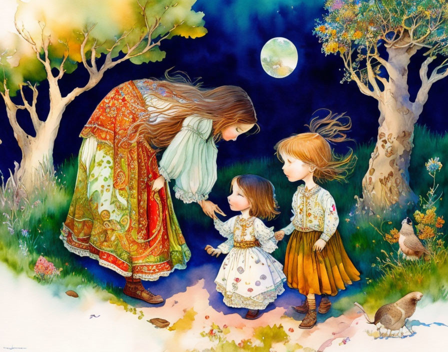 Woman in floral dress talking to children under moonlit sky with nature surroundings