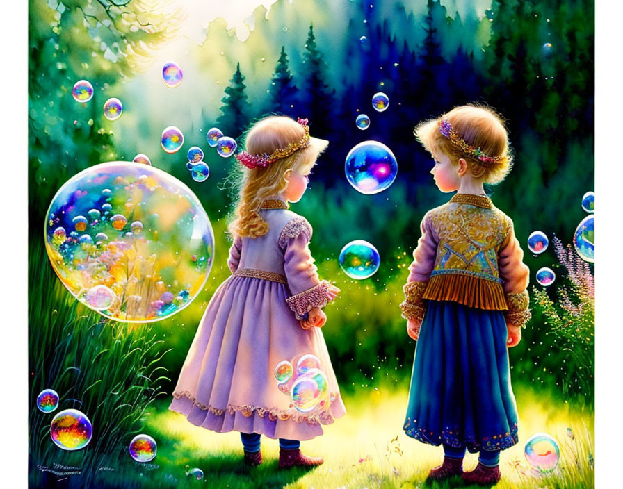 Children in sunlit clearing with colorful soap bubbles