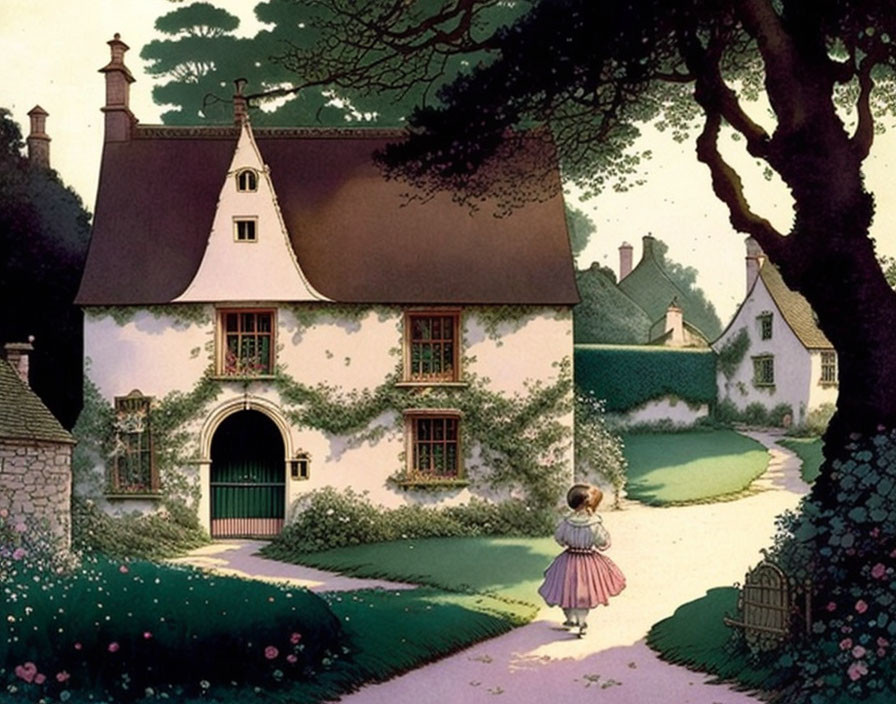 Cozy cottage with ivy walls and girl in pink dress at twilight