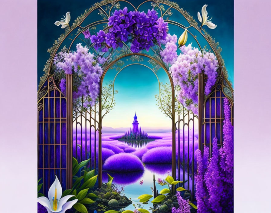 Golden gateway to fantasy landscape with purple foliage, distant castle, and twilight sky.