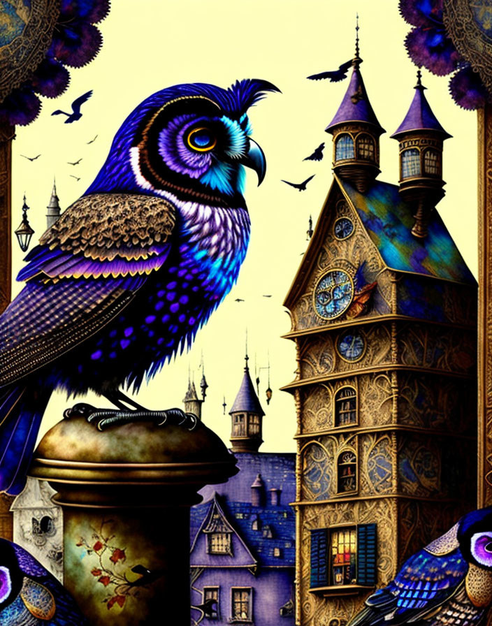 Vibrant blue owl beside ornate clock tower with flying owls