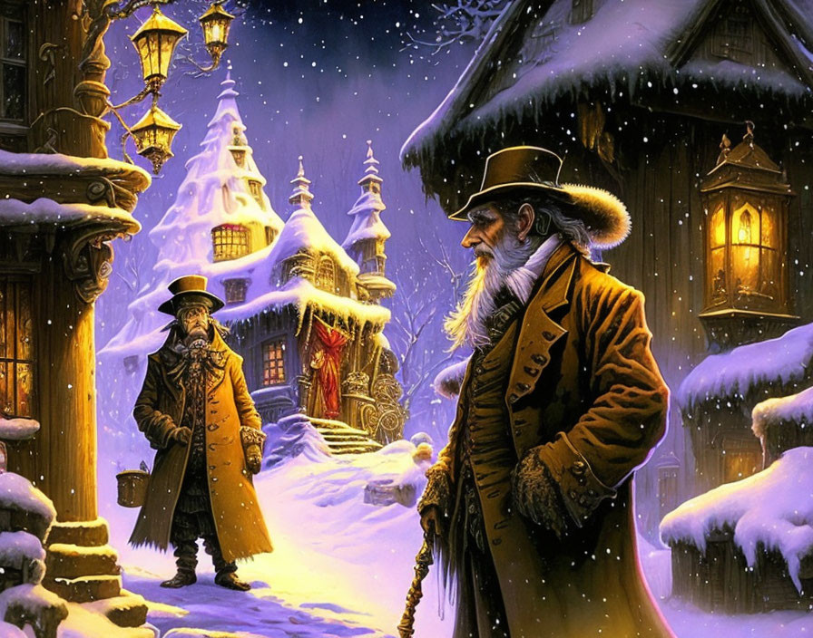 Elderly gentleman in long coat amidst snow-covered cottages