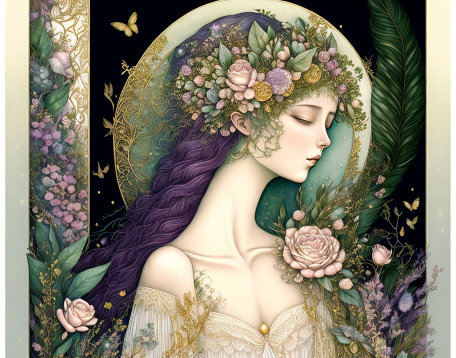 Illustration of woman with purple hair in floral crown and nature-themed frame