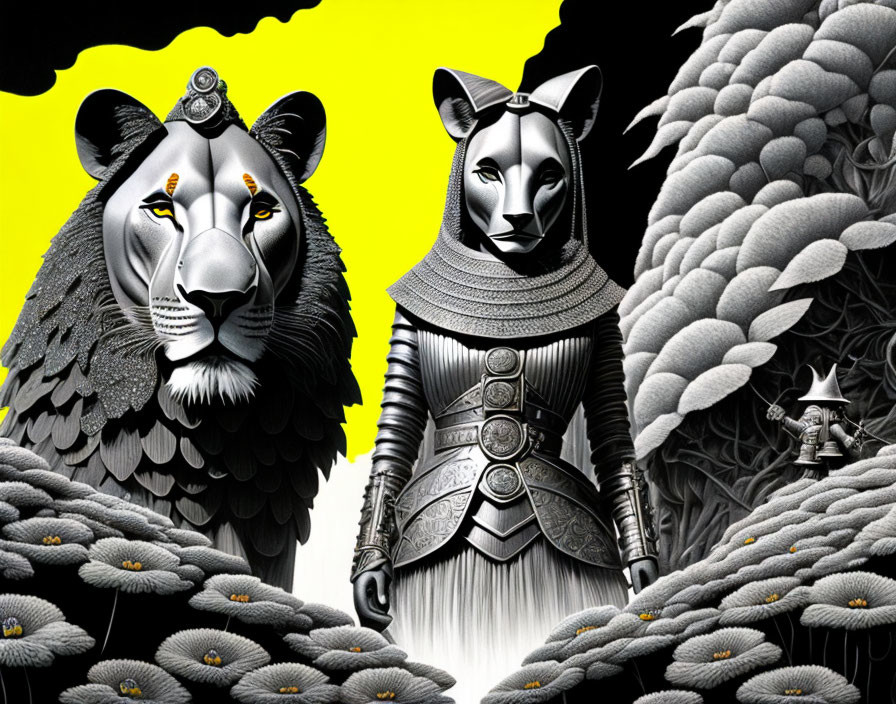 Majestic lion and leopard in human-like armor on yellow background with stylized flora