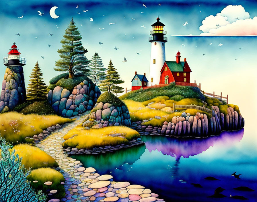 Coastal Twilight Scene with Lighthouses, Pathway, Vegetation, and Birds