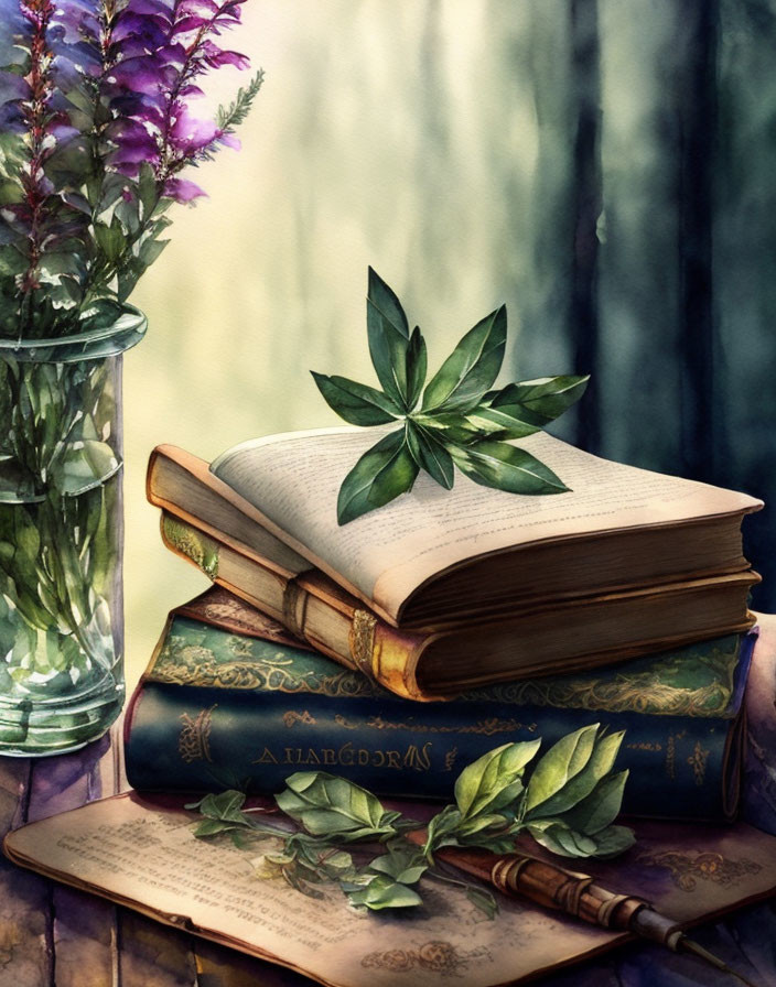 Open book surrounded by books, leafy twigs, purple flowers on wooden surface.