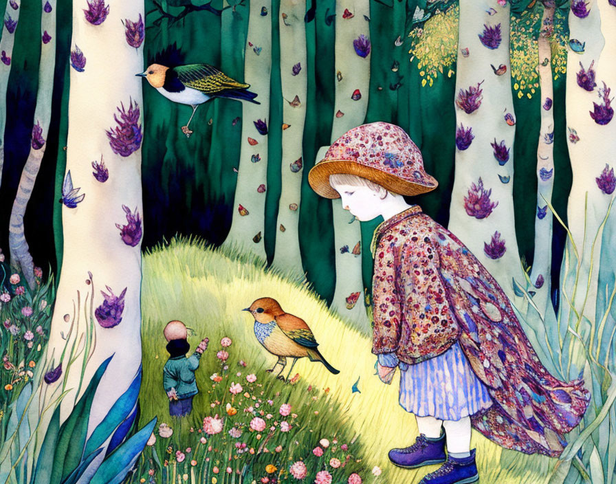 Child in floral outfit strolling in whimsical forest with birds & hidden figures