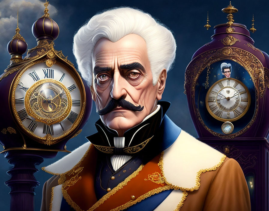 Illustrated portrait of stern gentleman in military uniform with white hair and mustache amidst ornate clocks.