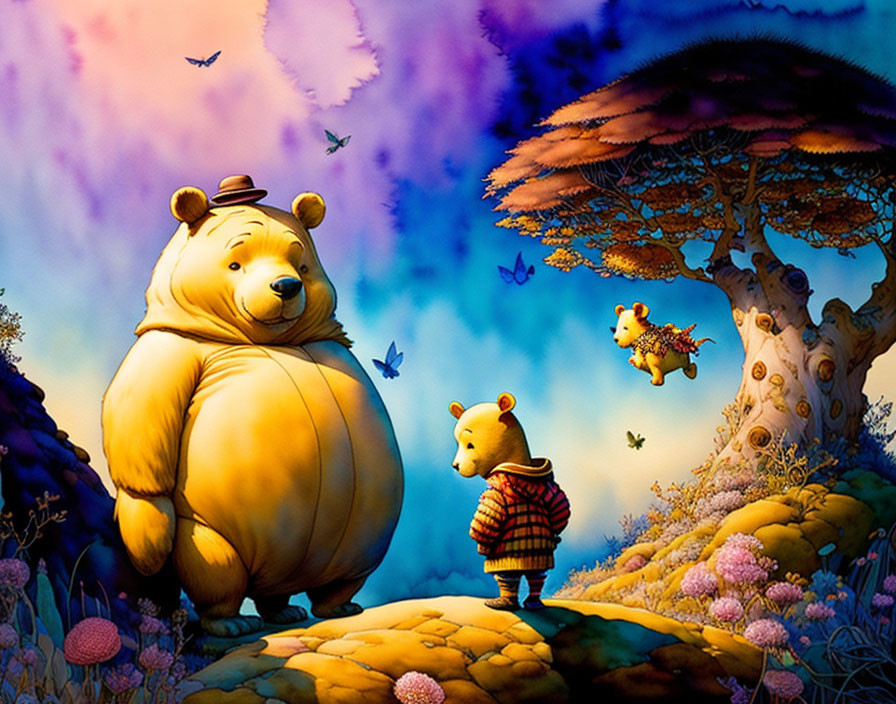 Illustrated bears in vibrant forest with whimsical trees and flowers