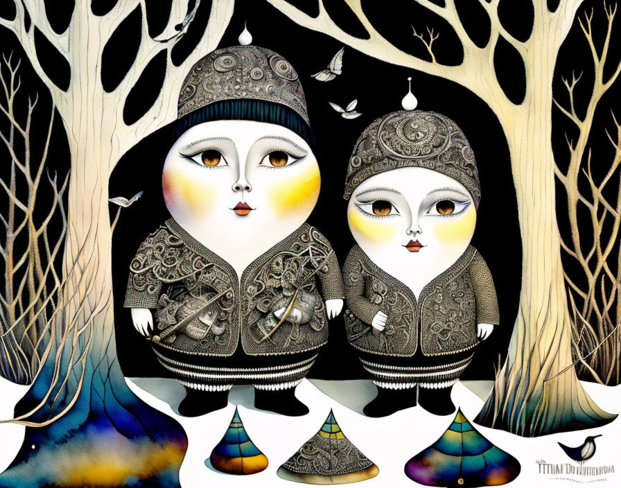 Whimsical characters in detailed costumes among stylized trees