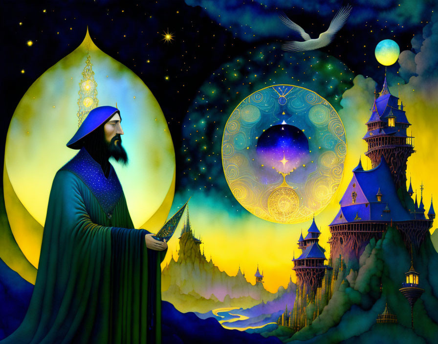 Bearded wizard with staff in mystical landscape under starry sky