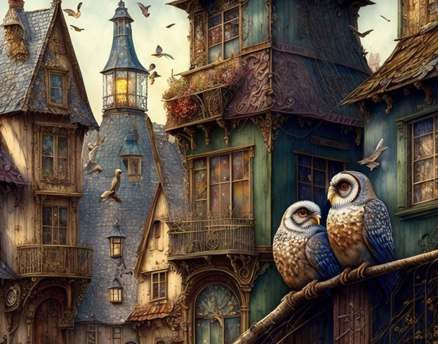 Whimsical town scene with two owls perched on branch