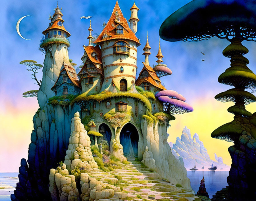 Fantastical castle with towering spires and whimsical architecture atop rocky outcrop surrounded by giant mushroom