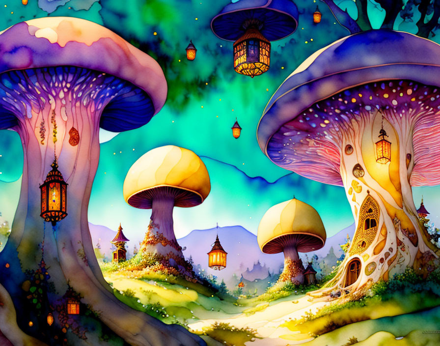 Colorful Oversized Mushrooms in Enchanting Forest Scene