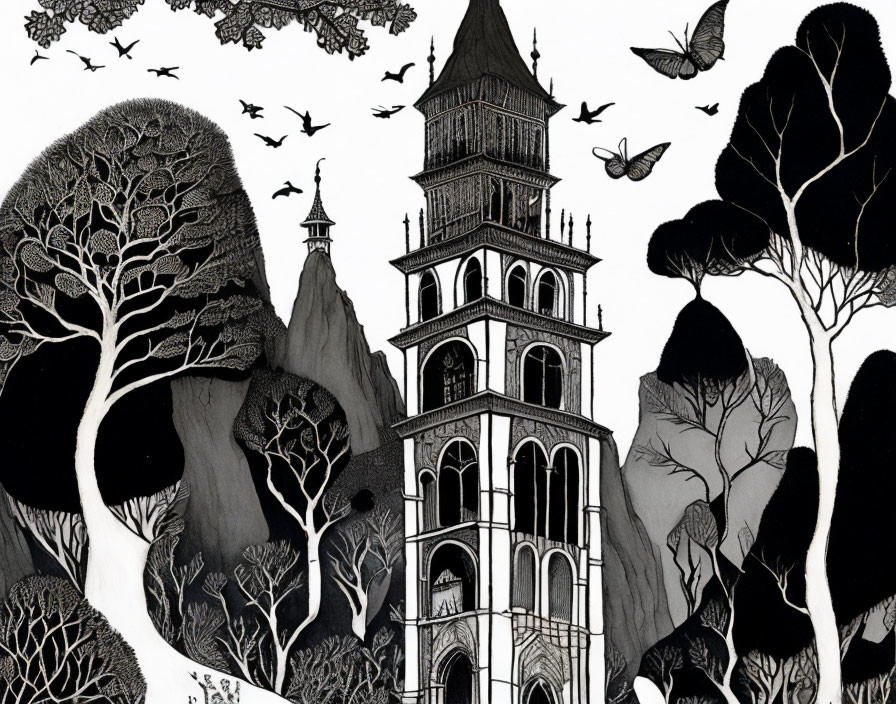 Detailed monochrome tower illustration with trees, birds, and mountains