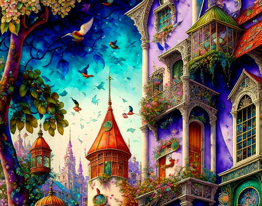 Colorful treehouse illustration with birds, balconies, and greenery at twilight