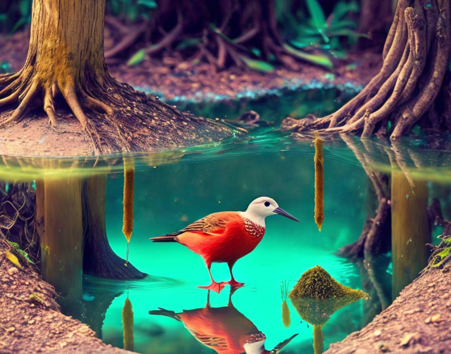 Red-plumaged bird in serene pond with lush greenery