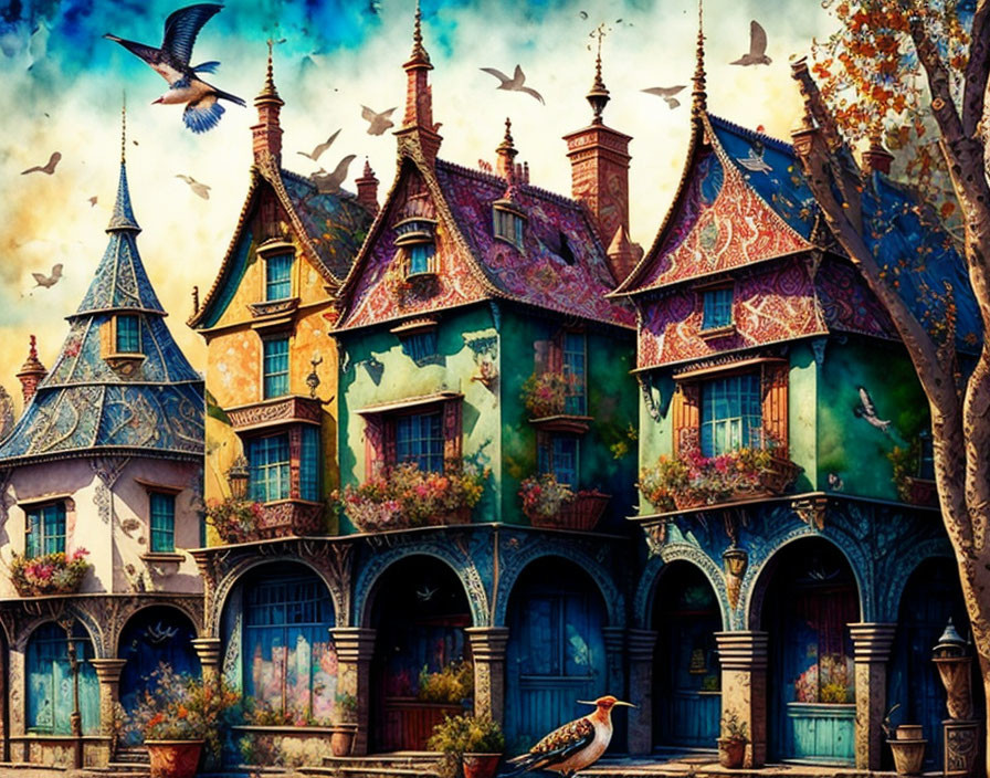 Whimsical, colorful houses with patterned roofs in a fantasy landscape