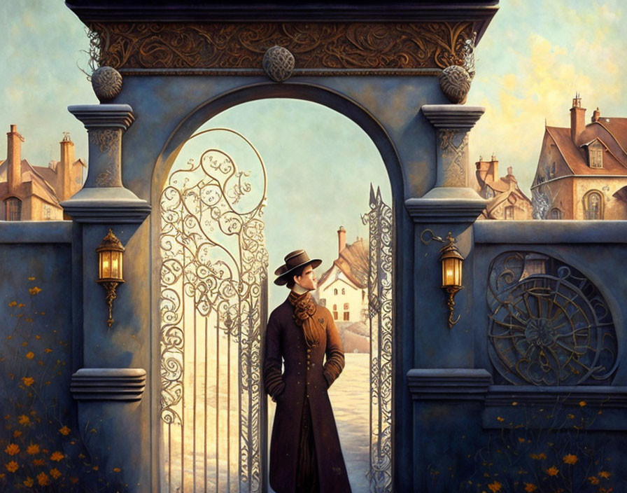 Elegantly dressed figure tipping hat at ornate blue gate in serene setting