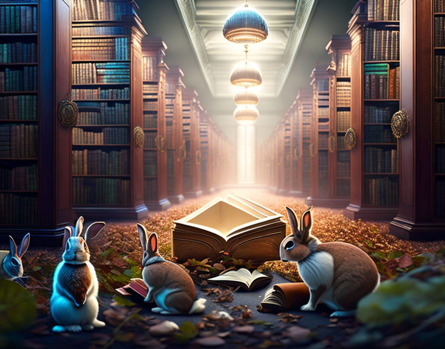 Fantasy library scene with rabbits and open book among towering bookshelves