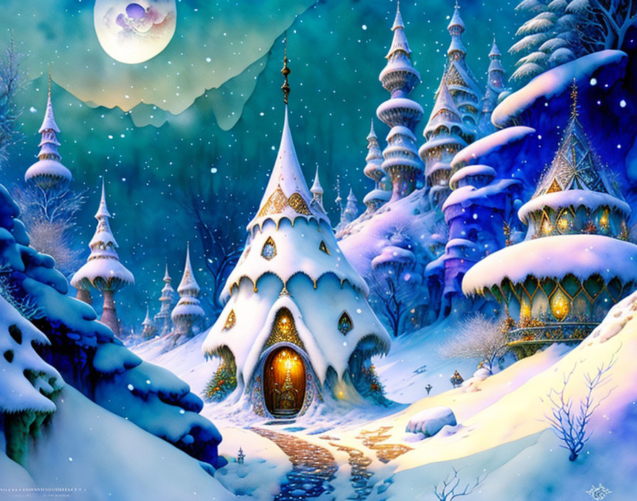 Snow-covered fantasy structures under full moon in whimsical winter scene