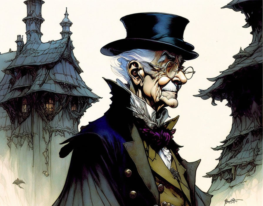 Elderly gentleman with top hat, monocle, and bow tie in front of eerie houses