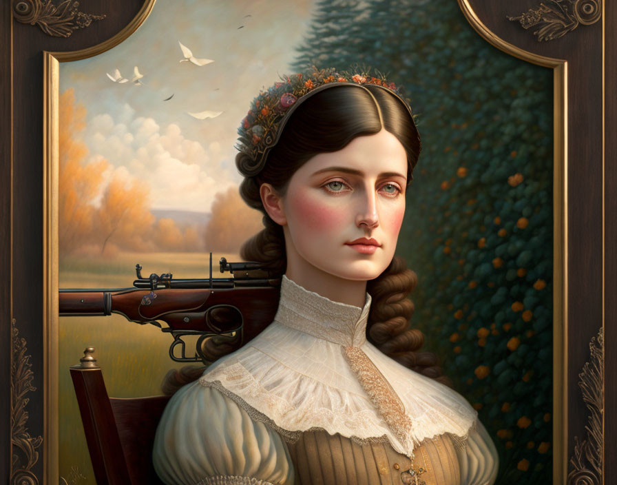 Portrait of Woman with Braided Hair, Floral Headband, Vintage Dress, Autumn Landscape, and Rifle