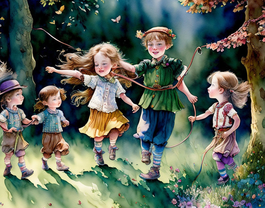 Children playing jump rope in whimsical forest with vintage-style clothing