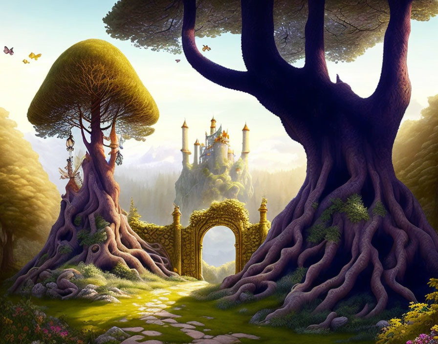 Fantasy landscape with castle, magical trees, stone path & butterflies