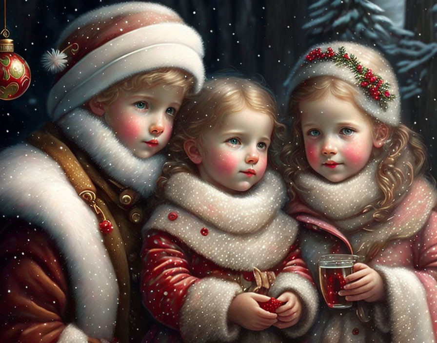 Three children in winter attire with rosy cheeks, snowflakes, and a warm drink.