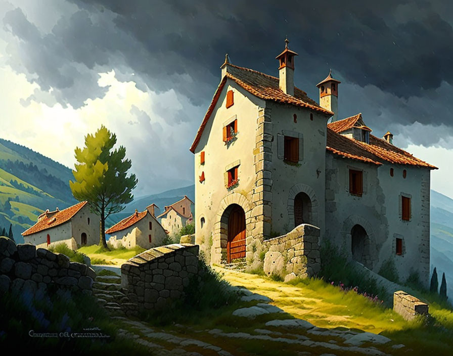 Rustic stone house with red-tiled roof in stormy sky scene