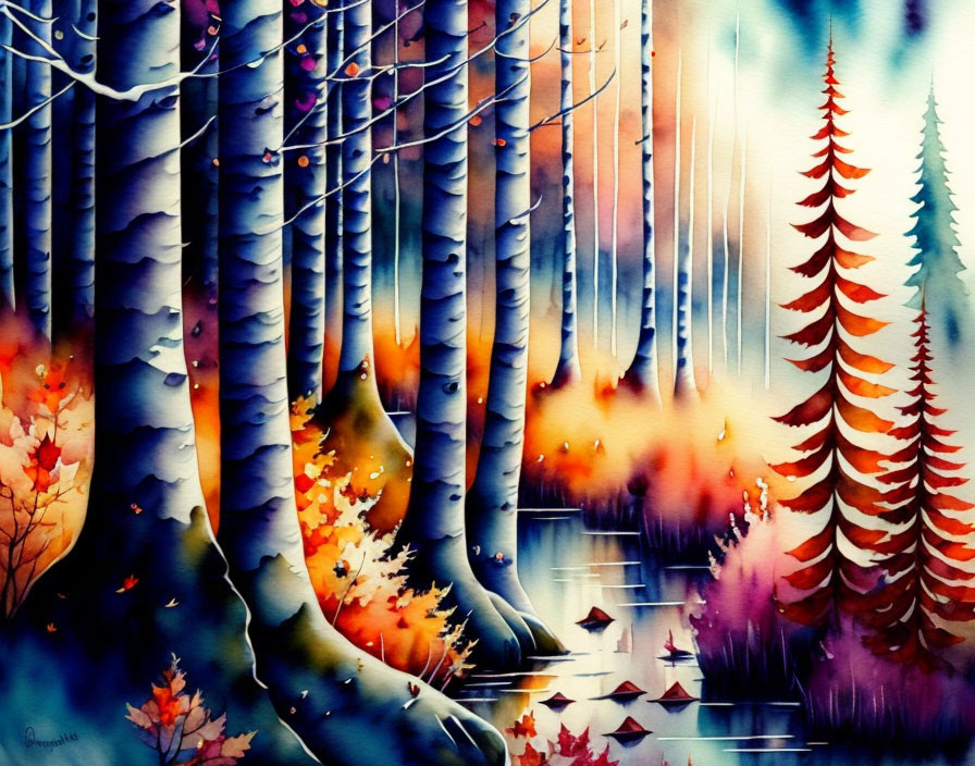 Whimsical forest watercolor with blue trees and red leaves