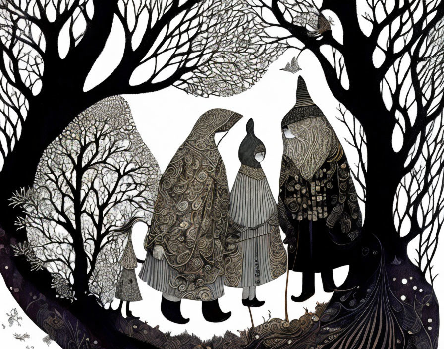 Detailed Black and White Illustration of Four Figures Conversing Under Elaborate Tree Canopy