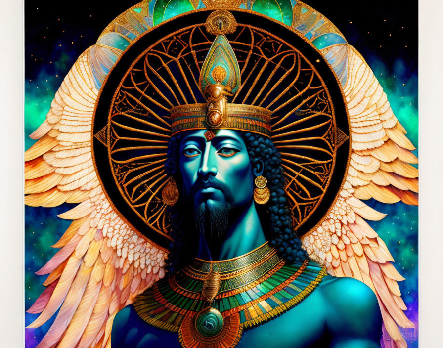 Colorful artwork featuring figure with golden halo and wings in Egyptian attire against starry background