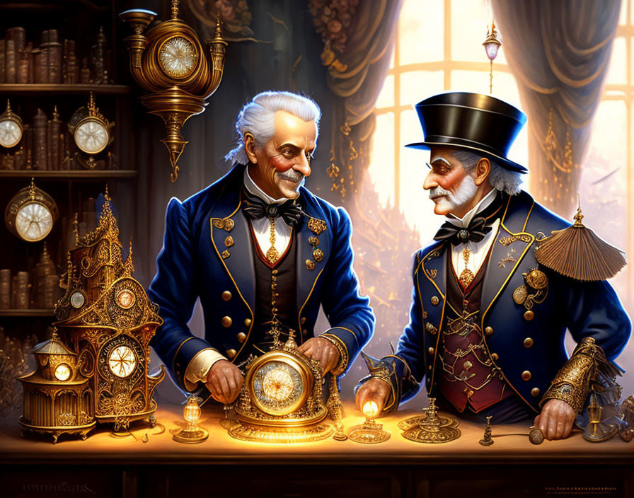 19th-Century Gentlemen Admire Clocks and Mechanical Devices