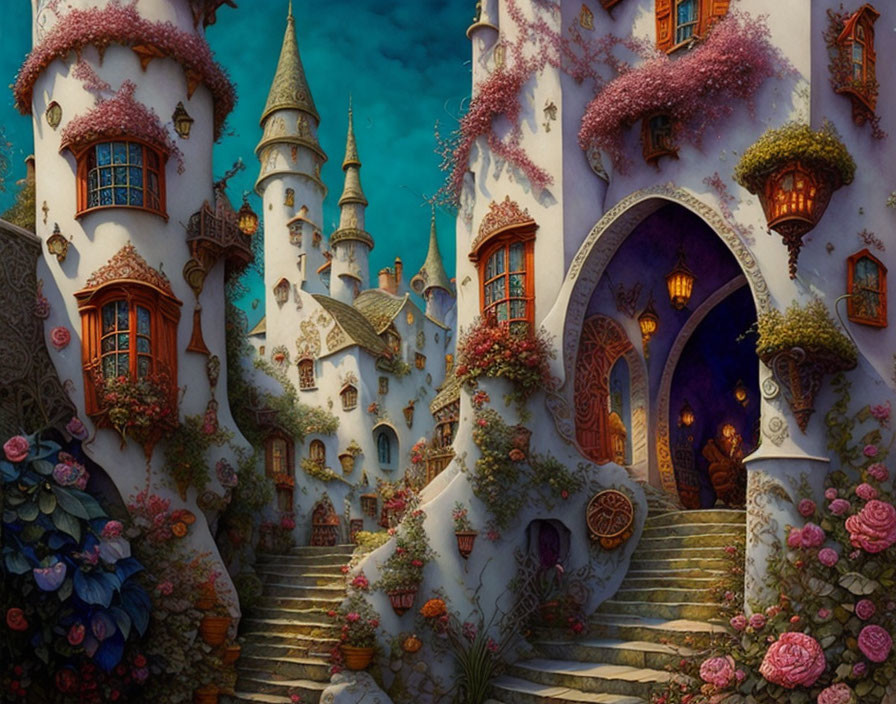 Enchanting fairy-tale castle with winding stairs, flowering vines, and warmly lit windows