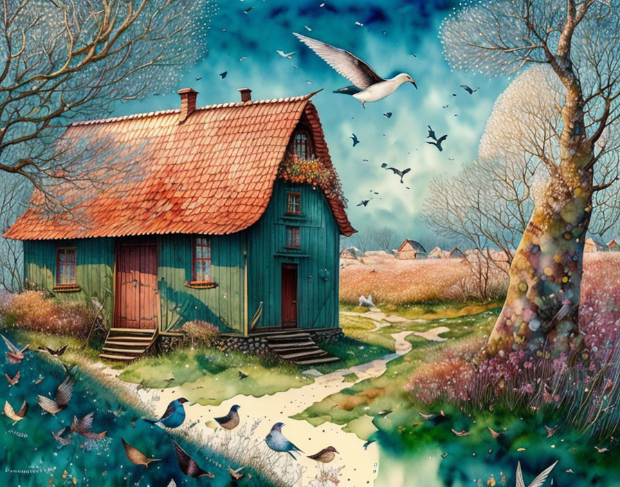 Colorful illustration of cozy house with red roof and birds in flight