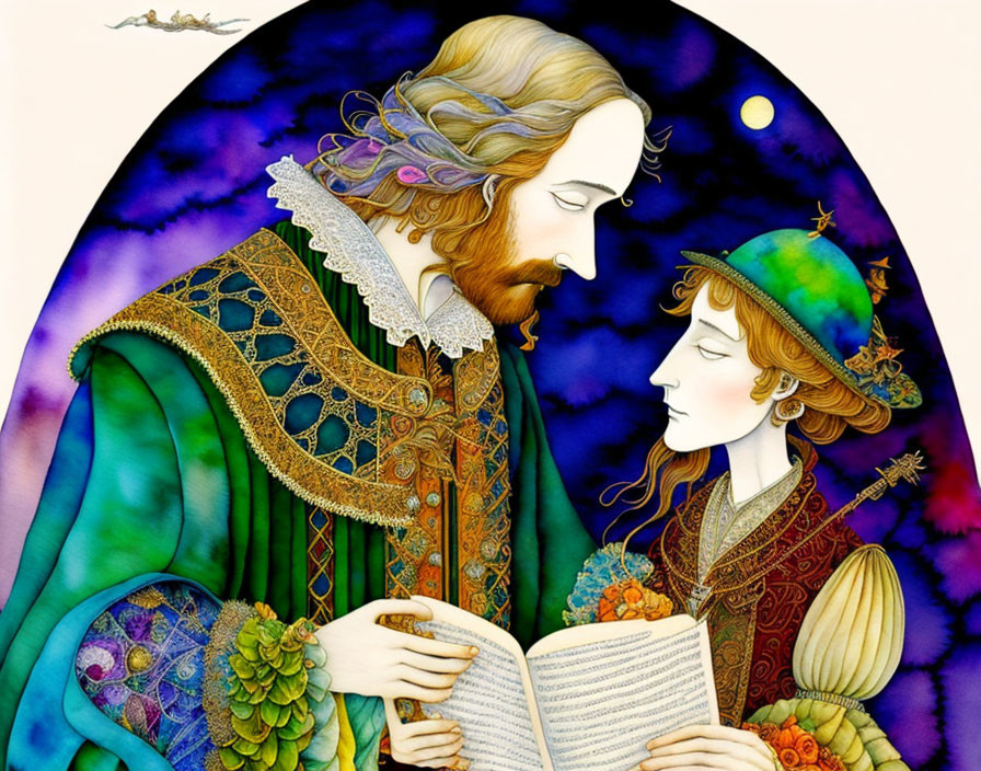 Stylized illustration of man and woman in renaissance attire reading book under crescent moon