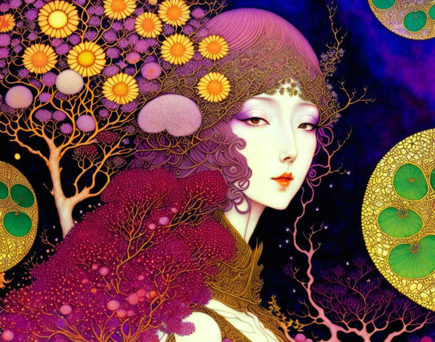 Purple-haired woman surrounded by fantastical gold-hued trees.