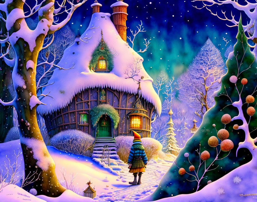 Person approaching snow-covered cottage in whimsical winter scene