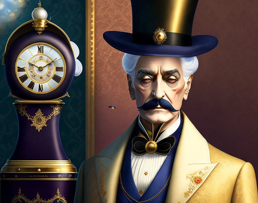 Distinguished gentleman with top hat, monocle, bow tie, and pocket watch illustration