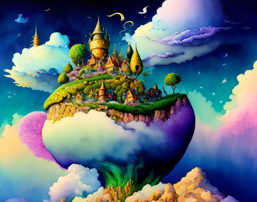 Colorful floating island with whimsical structures and heart-shaped base in dreamlike sky.