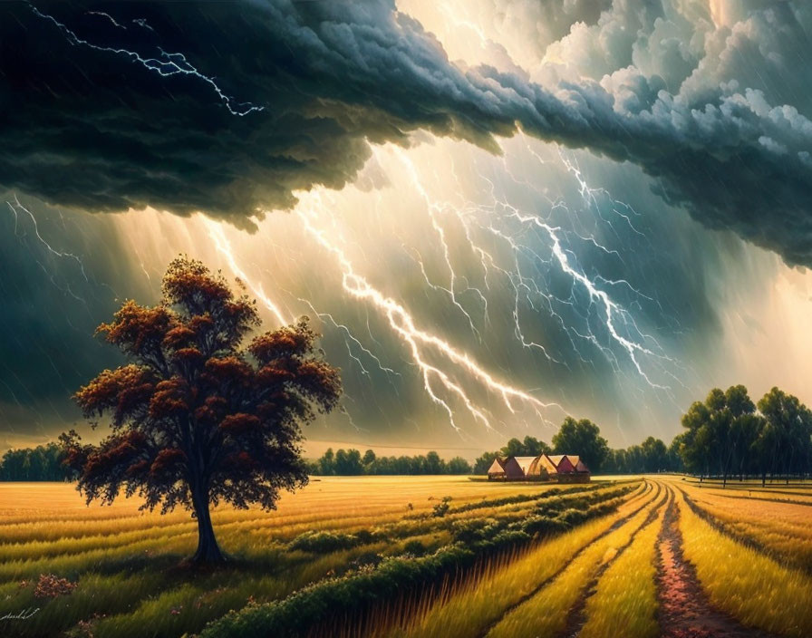 Dramatic landscape with lone tree, cottages, and lightning.