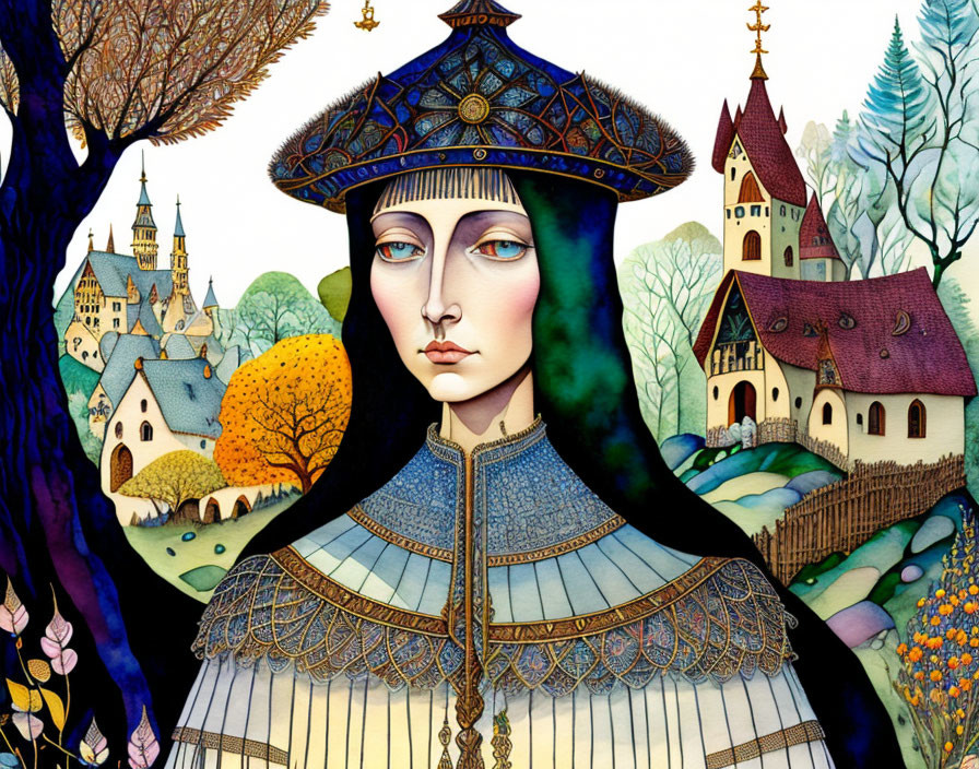 Medieval-themed woman illustration with ornate hat and village backdrop